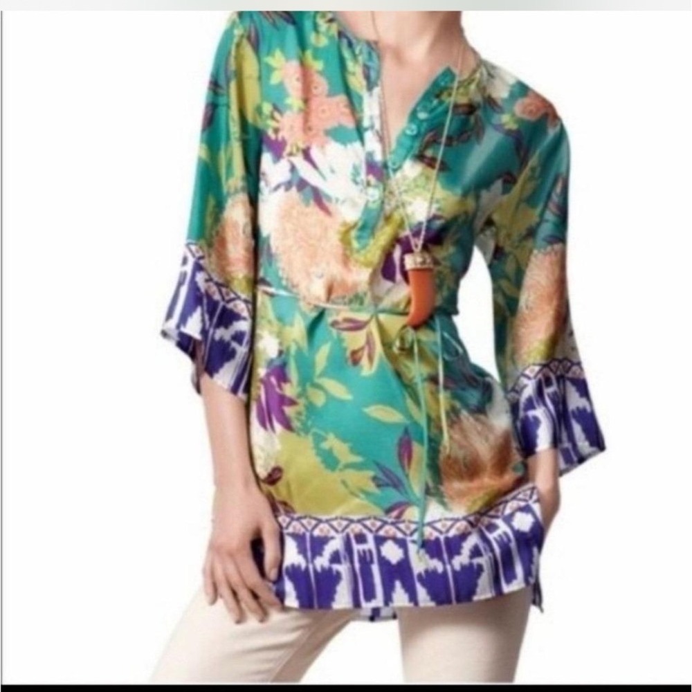 Cabi Women Teal Floral Ikat Print Button Front Tunic Top 3/4 Sleeve Large 5462